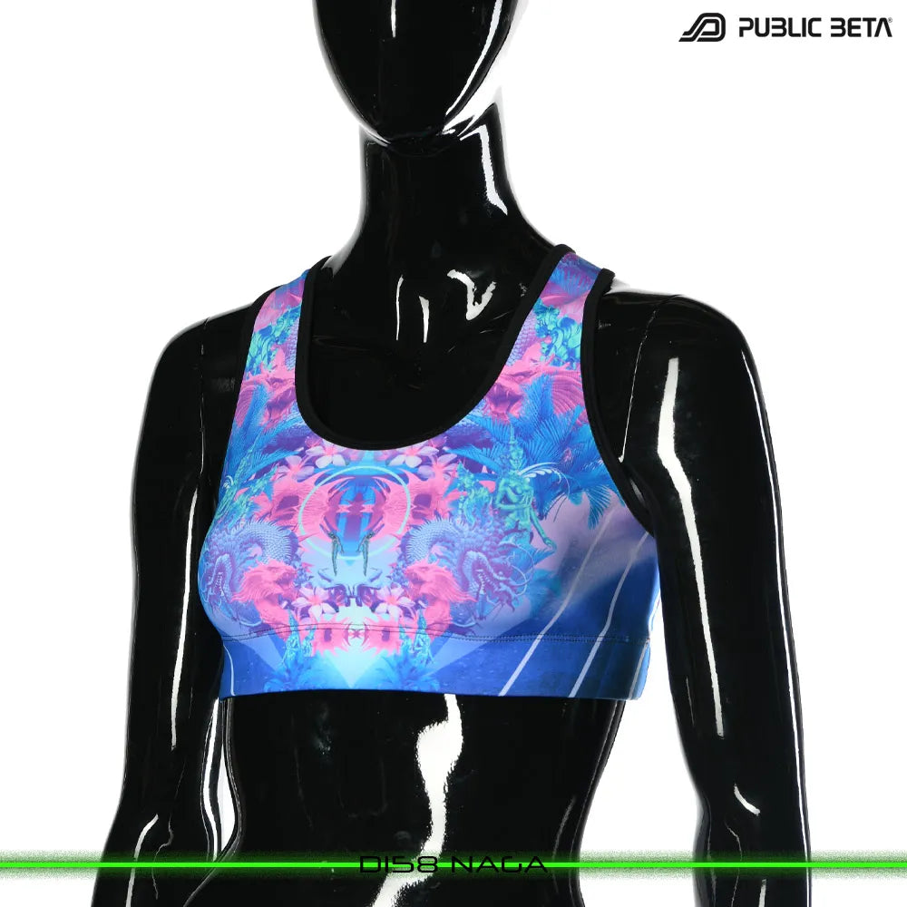 Active top 
with organic UV-reactive print, photographed in natural light