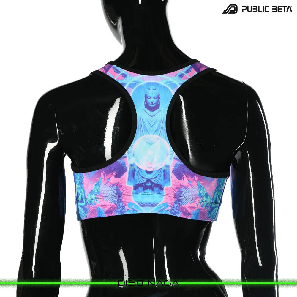Active top 
with organic UV-reactive print, photographed in natural light