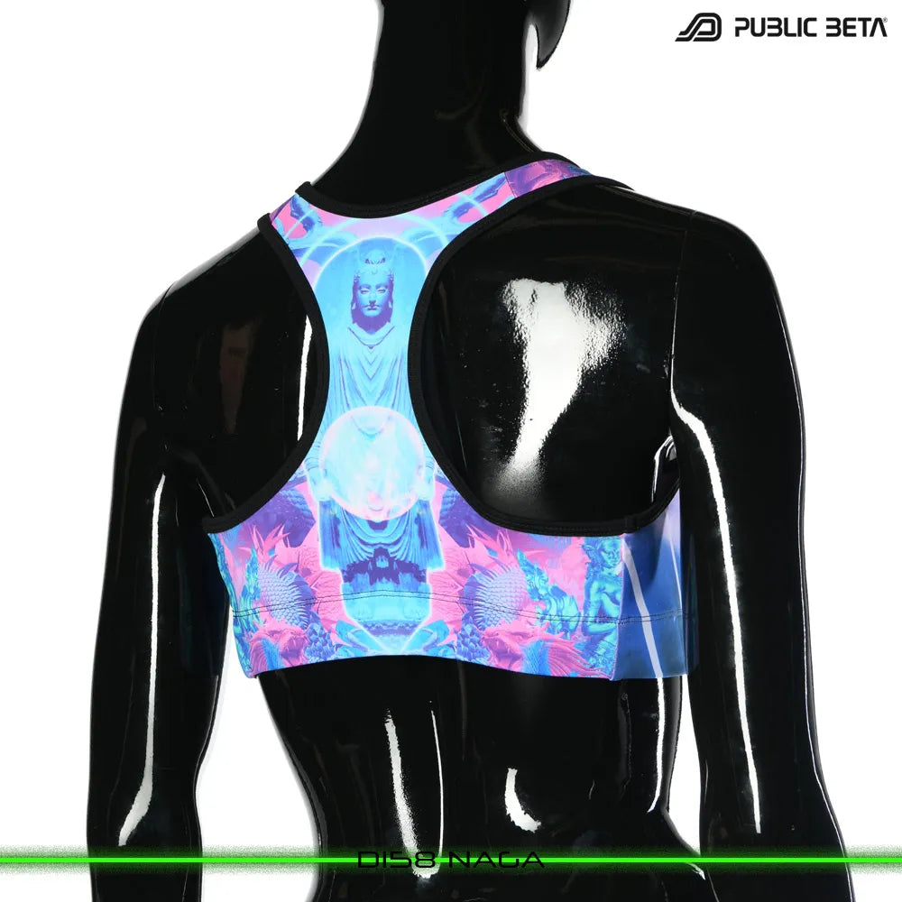 Active top 
with organic UV-reactive print, photographed in natural light