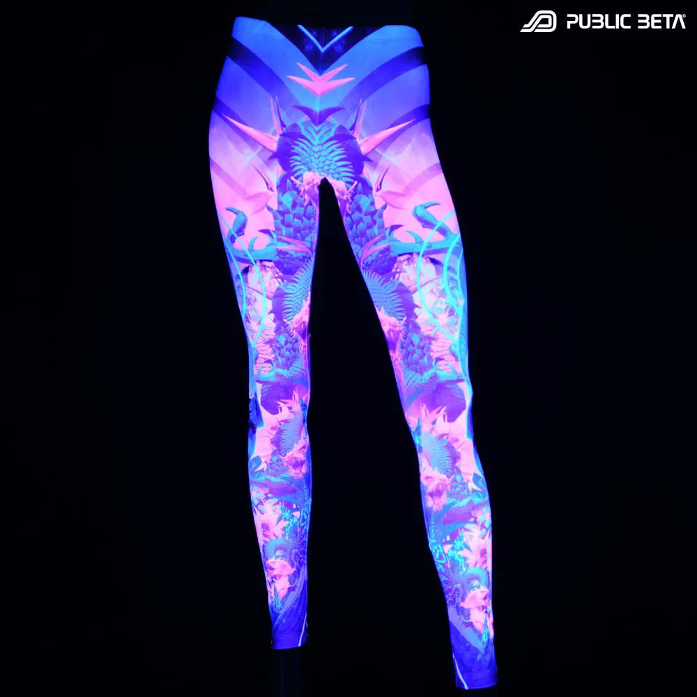 Leggings with UV-reactive psychedelic print glowing under blacklight