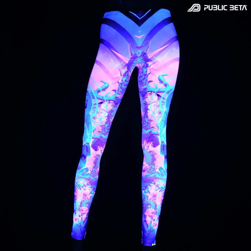 Leggings with UV-reactive psychedelic print glowing under blacklight