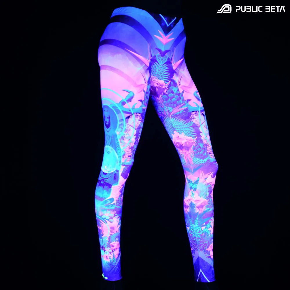 Leggings with UV-reactive psychedelic print glowing under blacklight