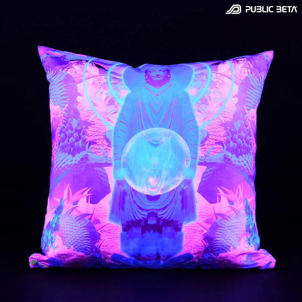 Cushion Cover with UV-reactive graphics glowing under blacklight