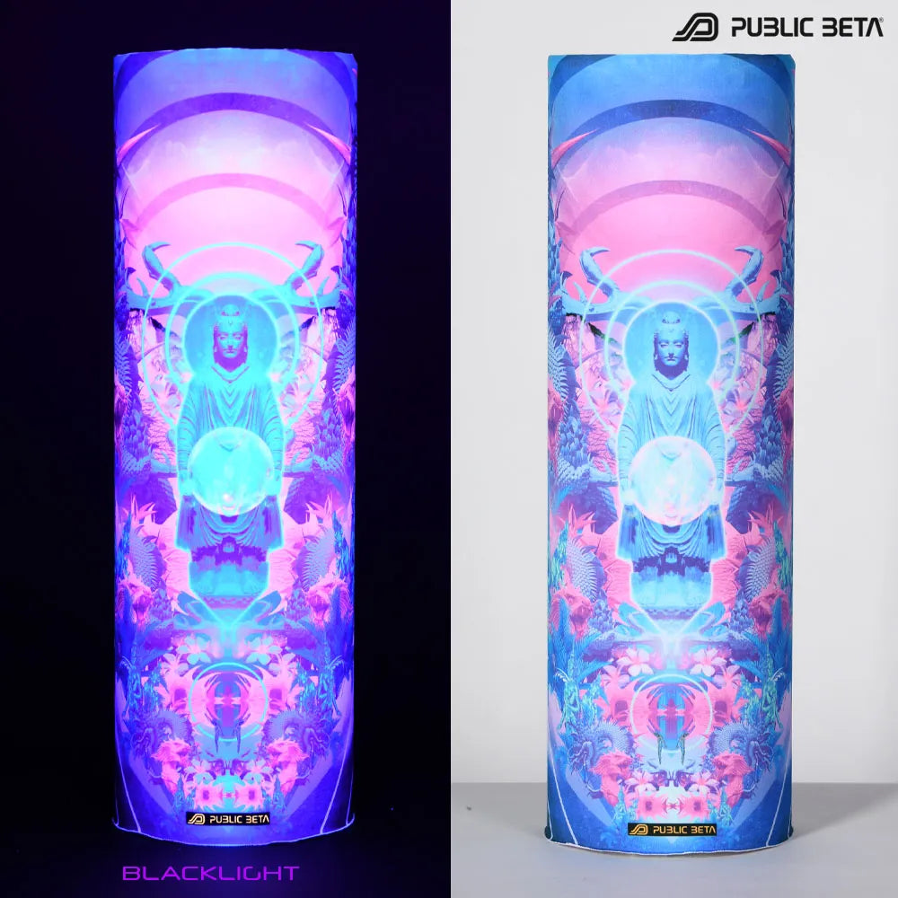 Split image of a tube scarf with uv-reactive graphics shown in natural light and glowing under blacklight
