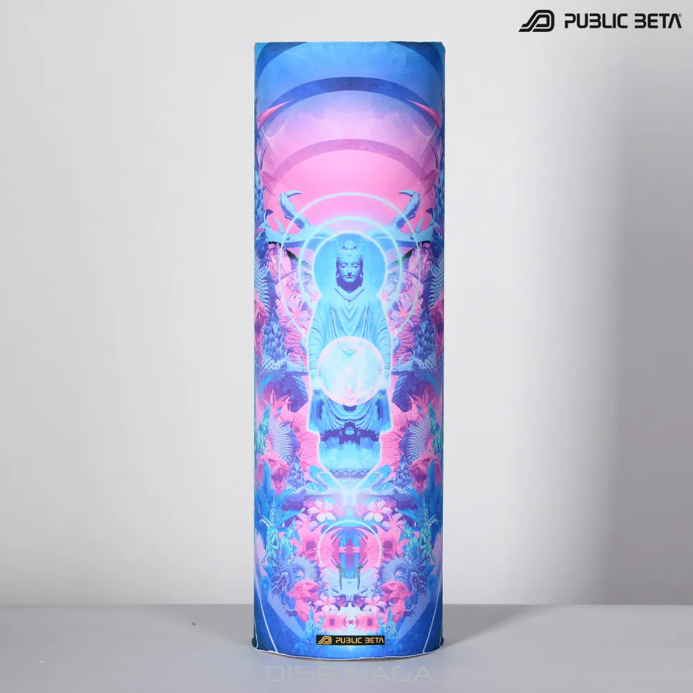 Tube scarf with UV-reactive printed graphics, photographed in natural light