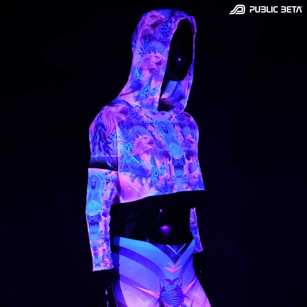 Hooded Top with uv reactive psychedelic art printed graphics glowing under blacklight