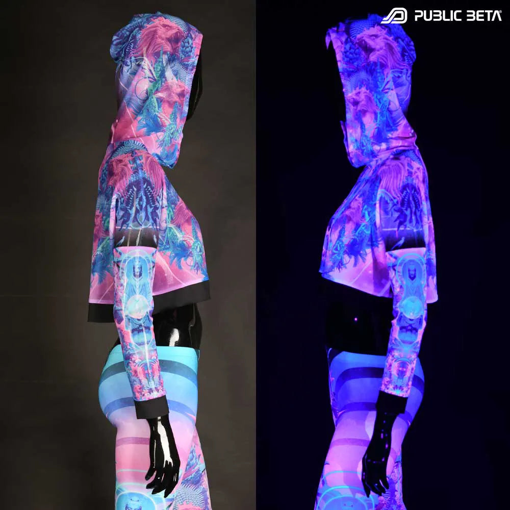 split image of a Hooded Top with uv reactive psychedelic art printed graphics 