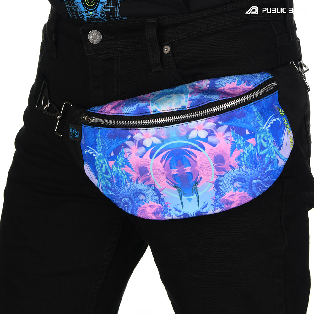Bum bag with pink and blue naga serpent dragons around a meditating figure print, photographed in natural light