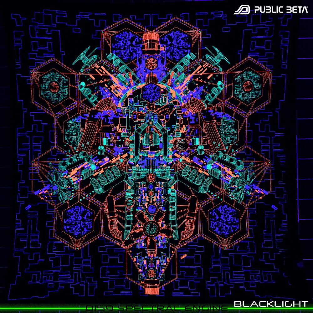 Wallhanging with geometric UV-reactive graphics glowing under blacklight
