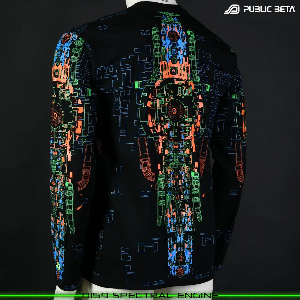Longsleeve shirts ith UV-reactive futuristic graphics, photographed in natural light