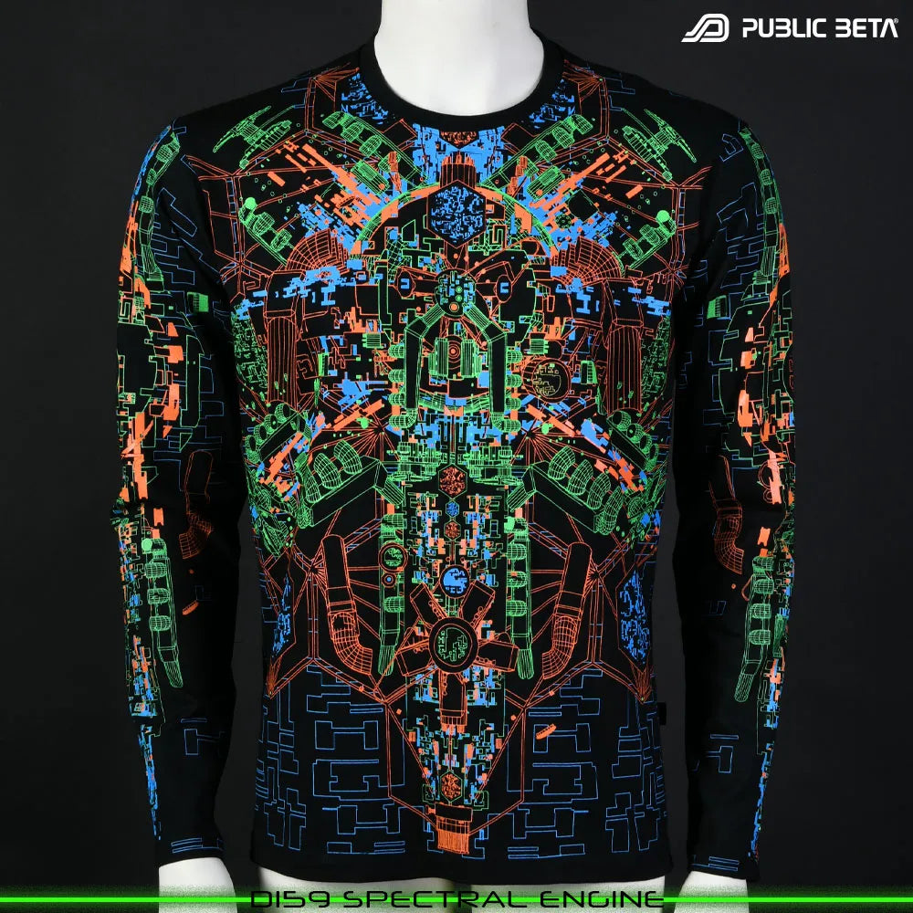 Longsleeve shirts ith UV-reactive futuristic graphics, photographed in natural light