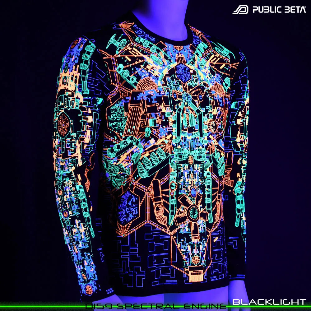 Longsleeve shirt with UV-reactive futuristic print glowing under blacklight