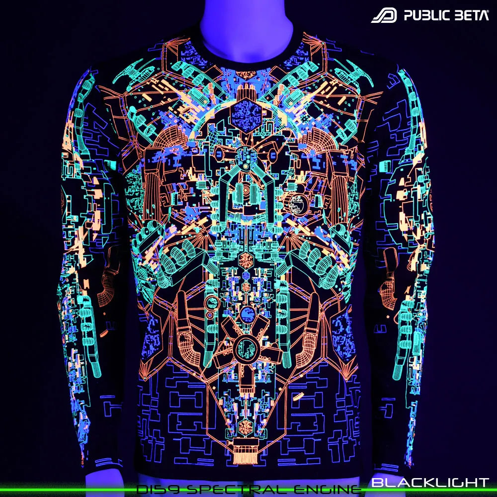 Longsleeve shirt with UV-reactive futuristic print glowing under blacklight