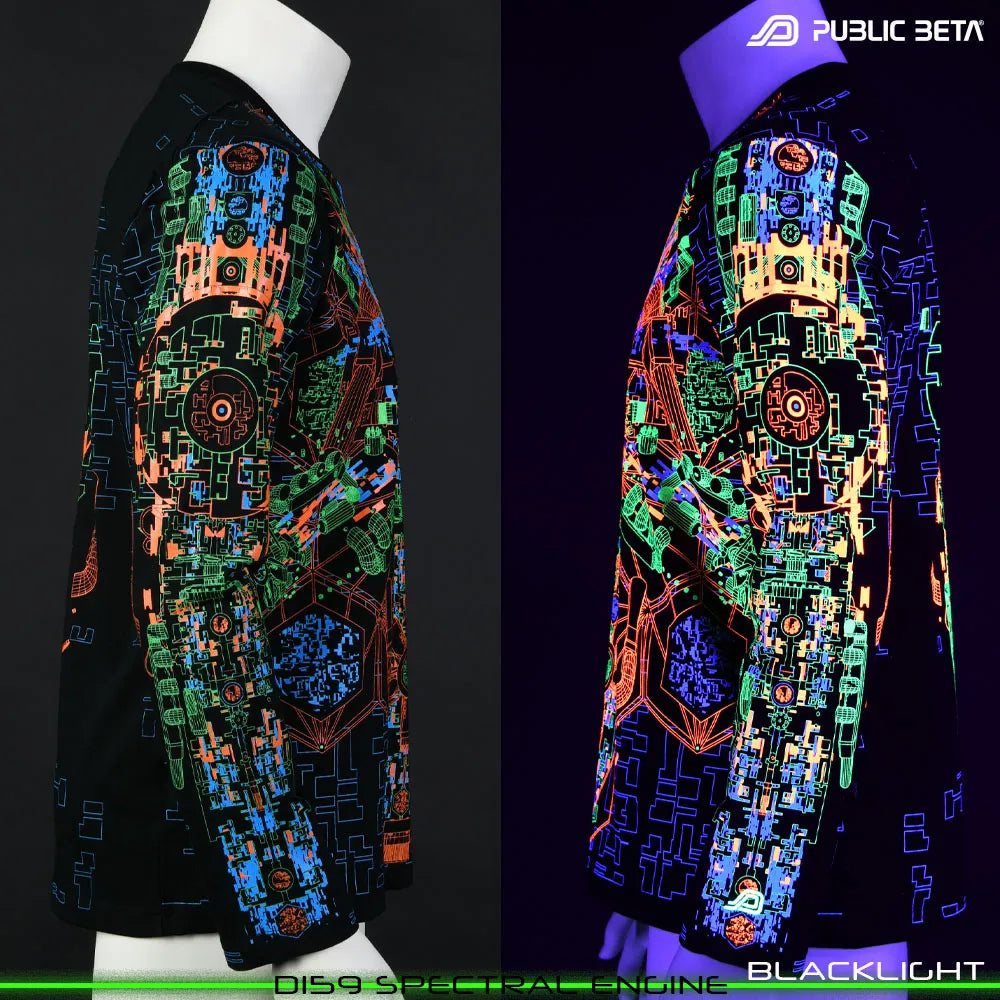 Split image of alongsleeve shirt with uv-reactive graphics shown in natural light and glowing under blacklight