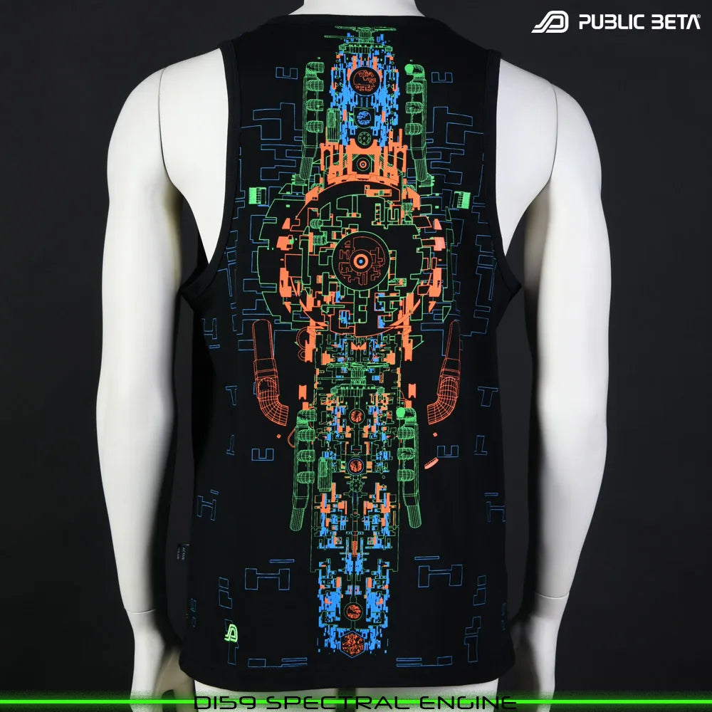 Sleeveless shirt with UV-reactive futuristic graphics, photographed in natural light
