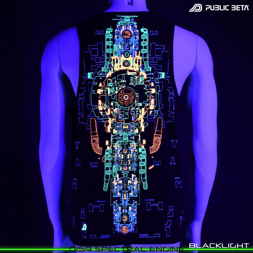 Sleeveless shirt with UV-reactive psychedelic print glowing under blackligh