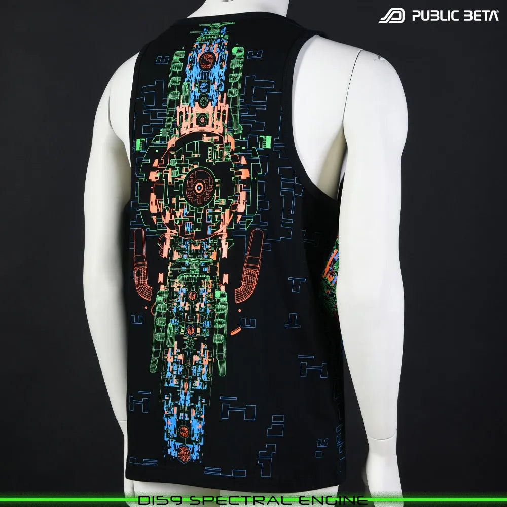 Sleeveless shirt with UV-reactive futuristic graphics, photographed in natural light