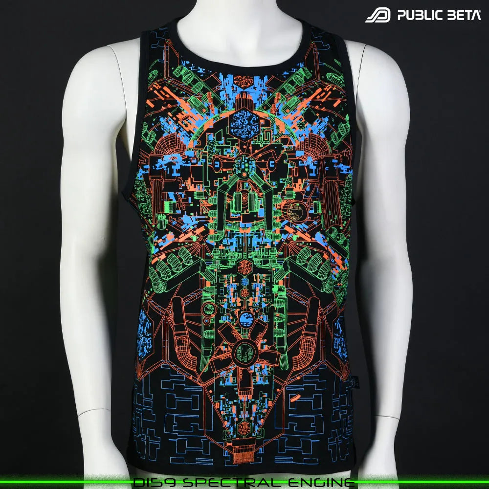 Sleeveless shirt with UV-reactive futuristic graphics, photographed in natural light