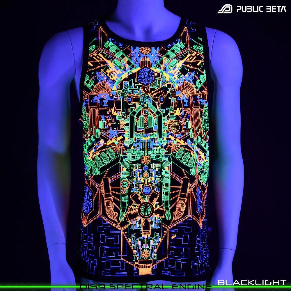 Sleeveless shirt with UV-reactive psychedelic print glowing under blackligh