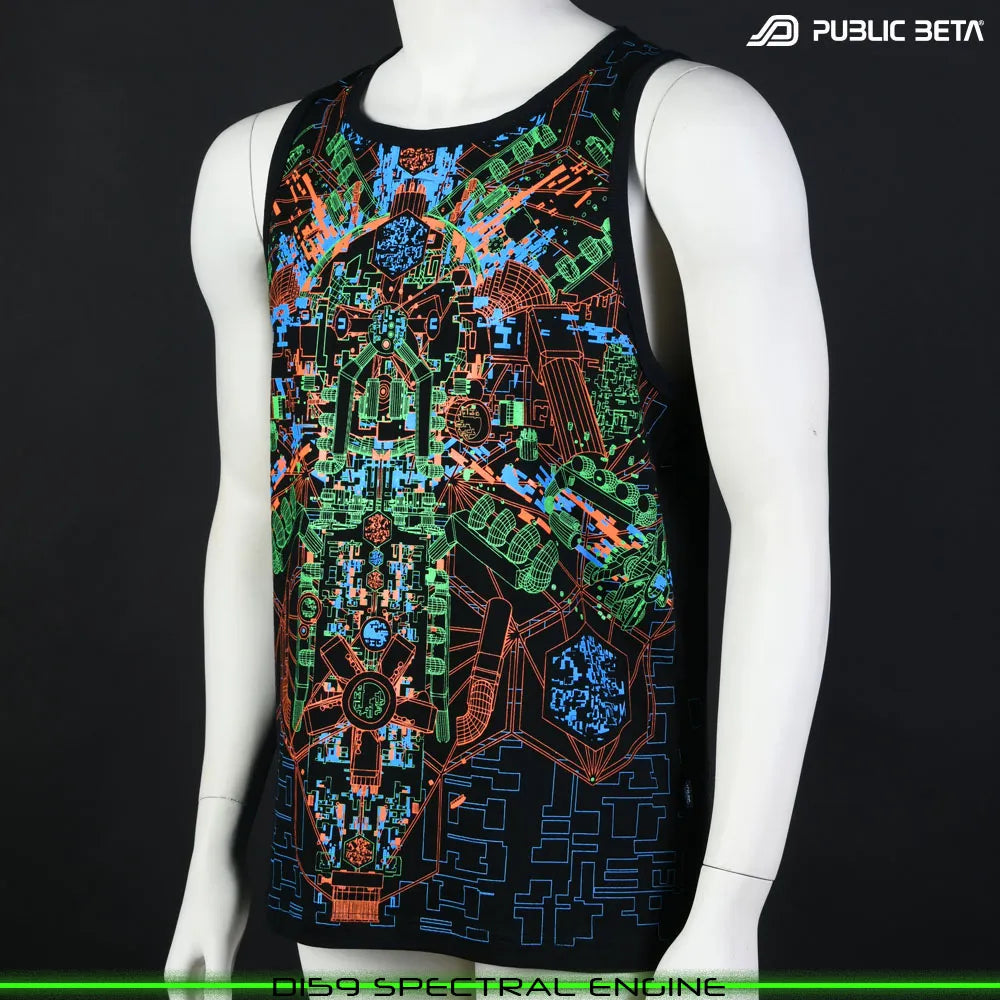 Sleeveless shirt with UV-reactive futuristic graphics, photographed in natural light