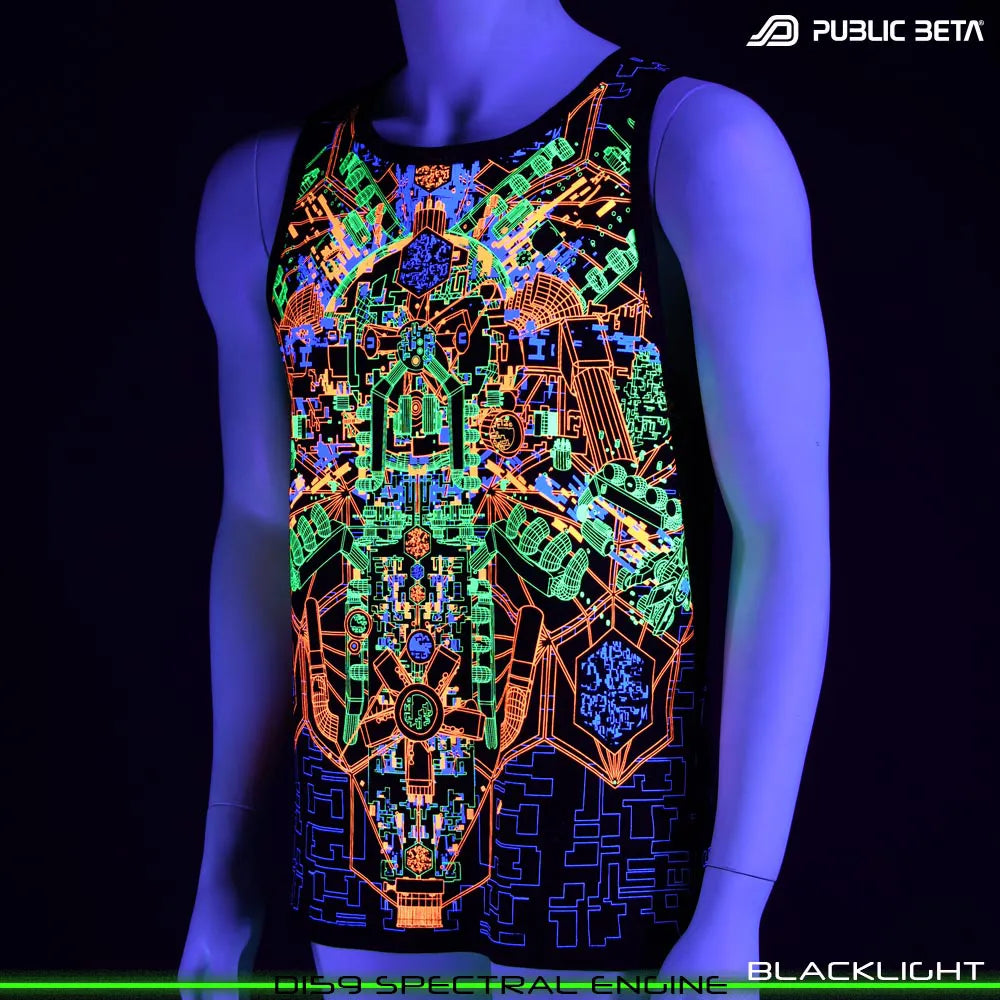 Sleeveless shirt with UV-reactive psychedelic print glowing under blackligh