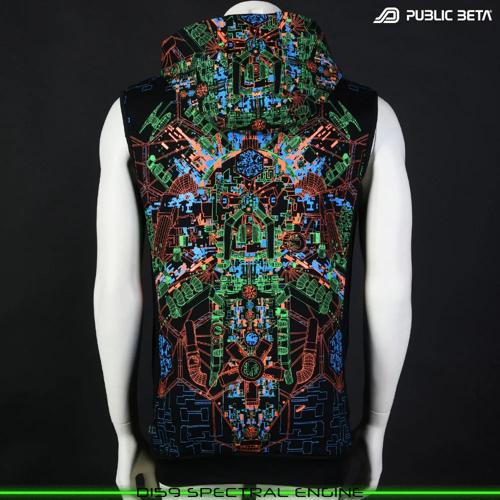 Hooded Vest with UV-reactive psychedelic art print, photographed in natural light