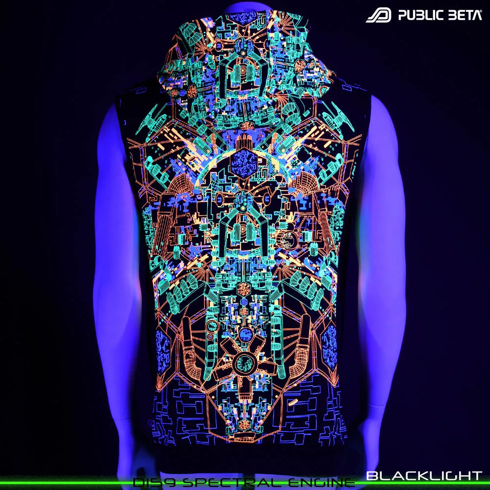 Hooded Vest with UV-reactive futuristic print glowing under blacklight