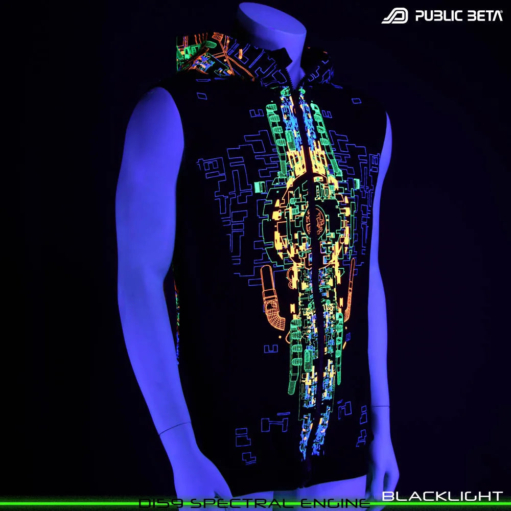 Hooded Vest with UV-reactive futuristic print glowing under blacklight