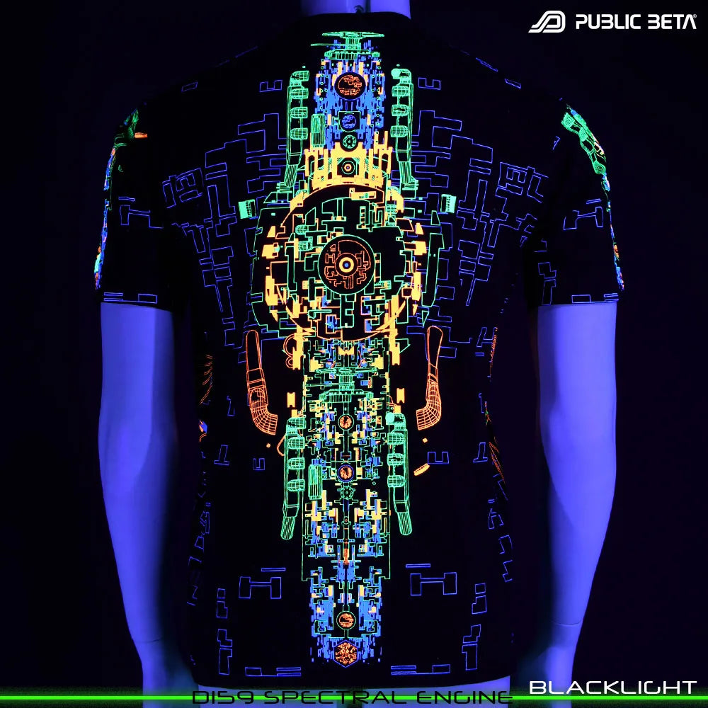 Back of a T-shirt with UV-reactive futuristic print glowing under blacklight 