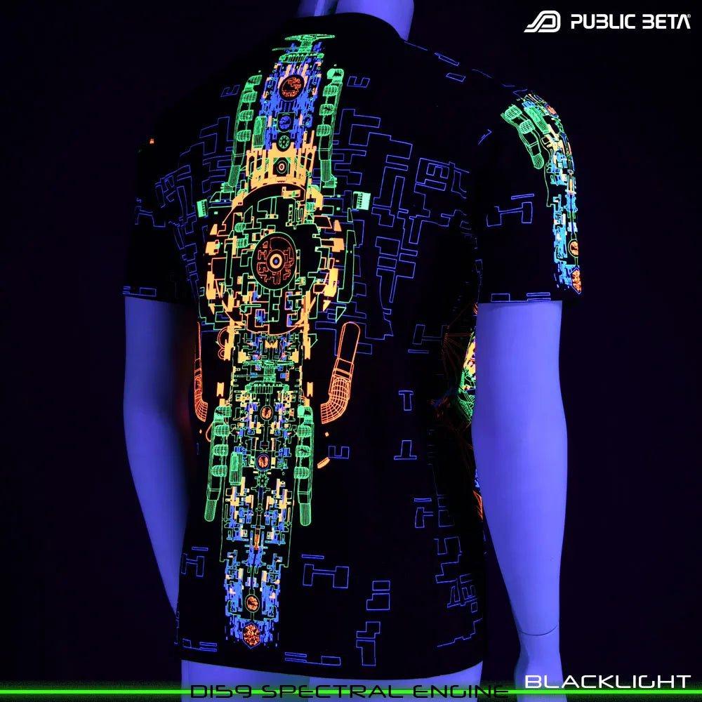 Back of a T-shirt with UV-reactive futuristic print glowing under blacklight 