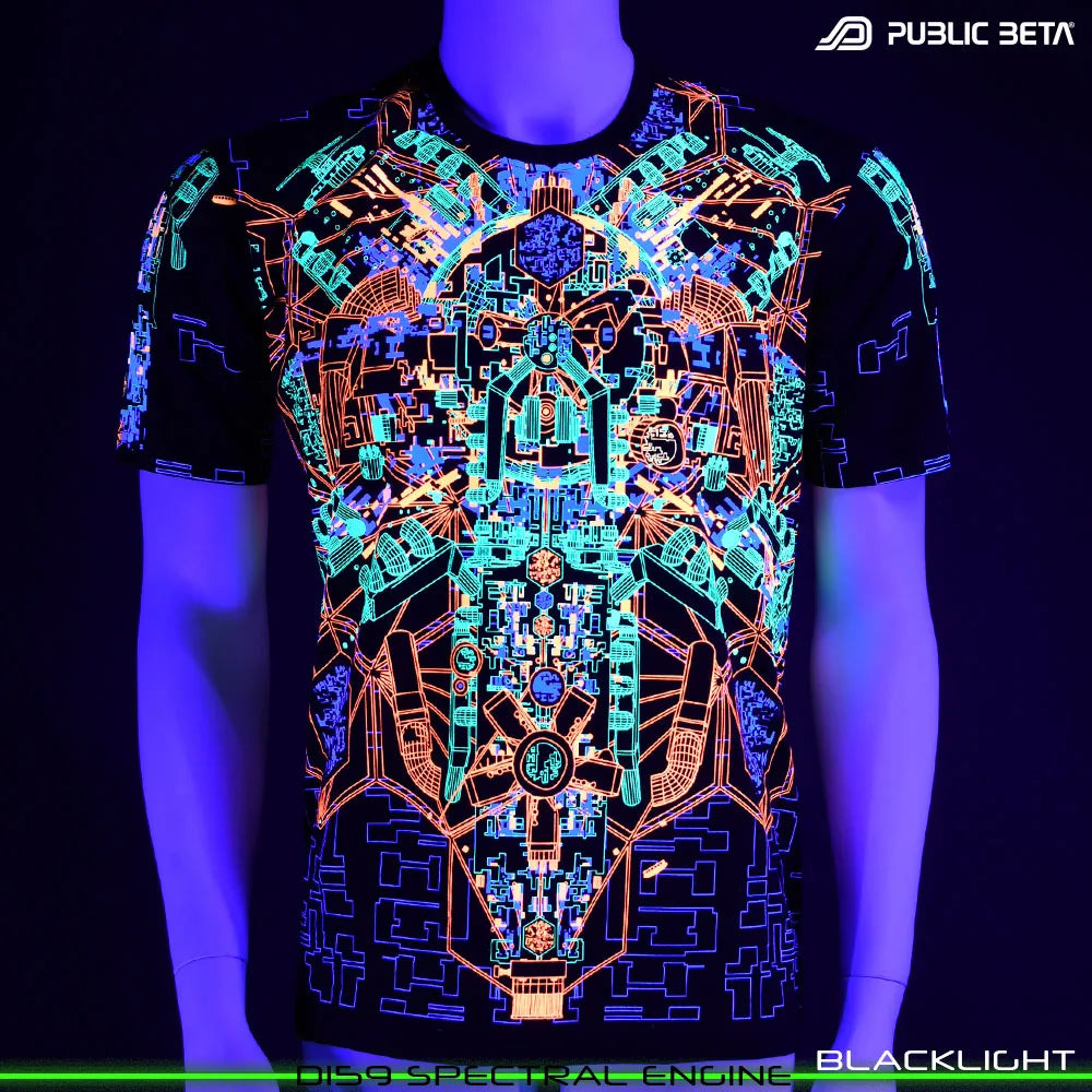 T-shirt with UV-reactive futuristic print glowing under blacklight front