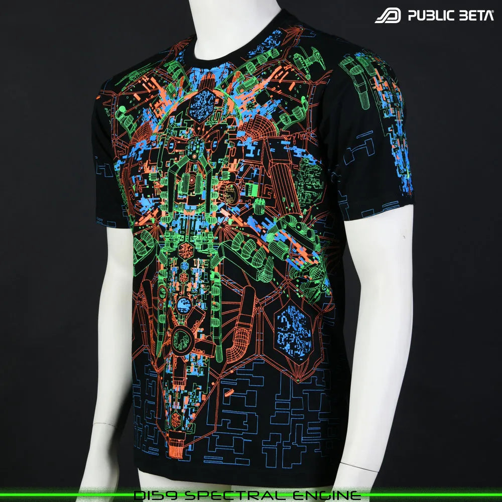 T-shirt with UV-reactive futuristic print glowing under blacklight front