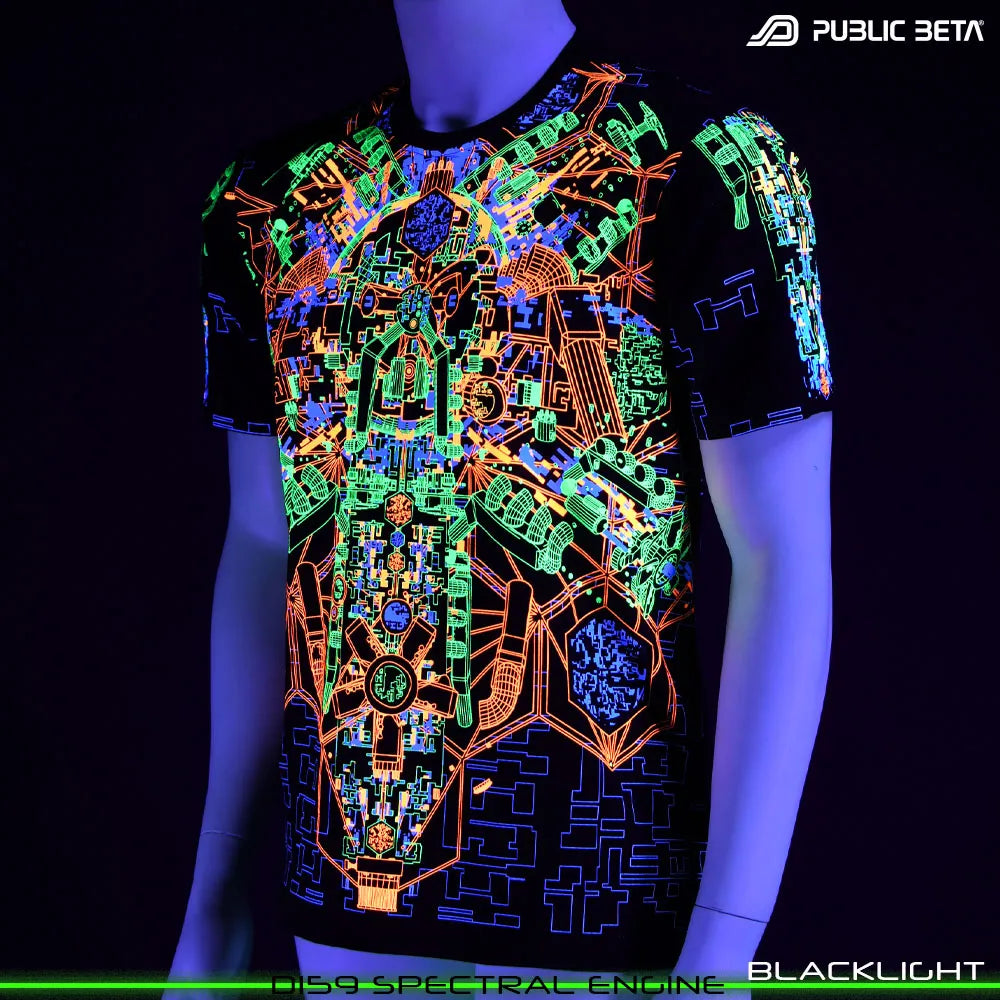 T-shirt with UV-reactive futuristic print glowing under blacklight front