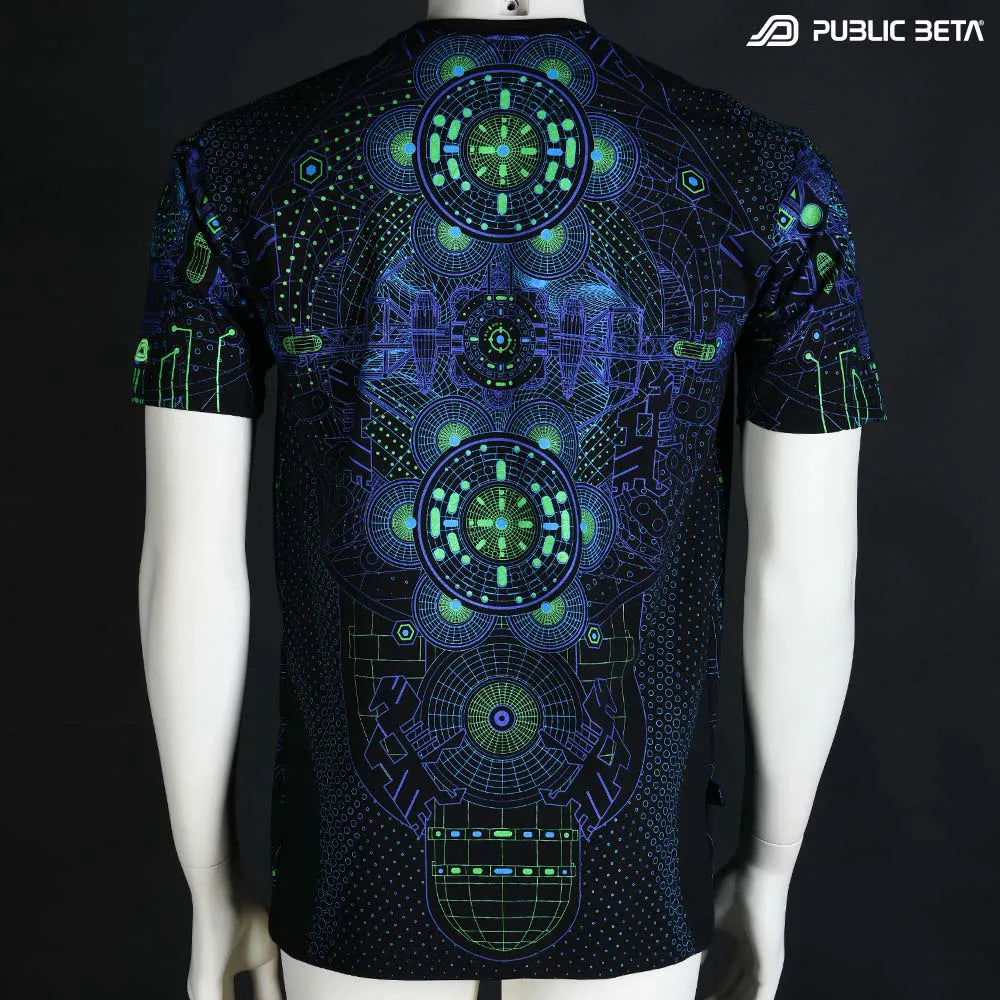 T-shirt with all-over UV-reactive print, photographed in natural light