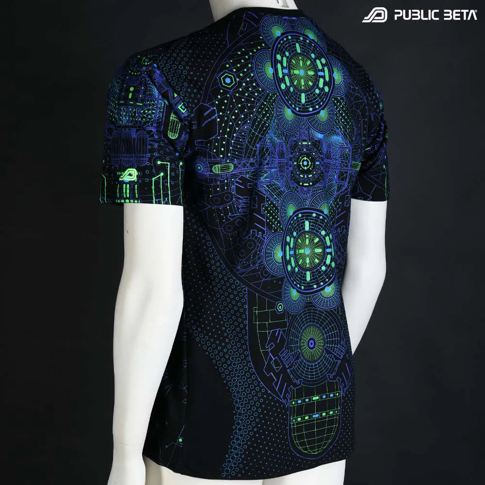 T-shirt with all-over UV-reactive print, photographed in natural light