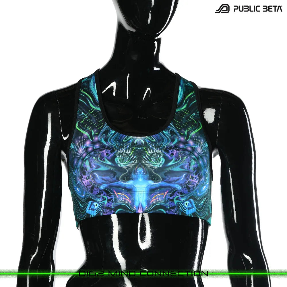 Active top 
with organic UV-reactive print, photographed in natural light