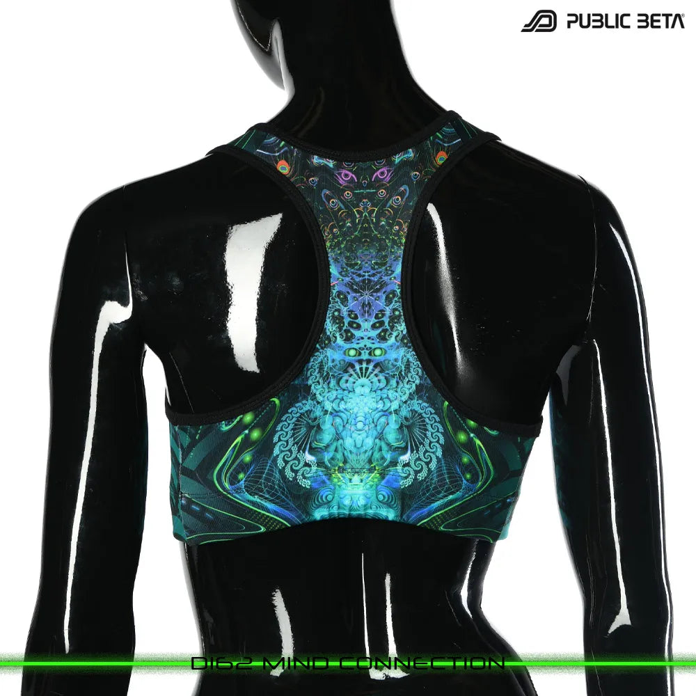 Active top 
with organic UV-reactive print, photographed in natural light