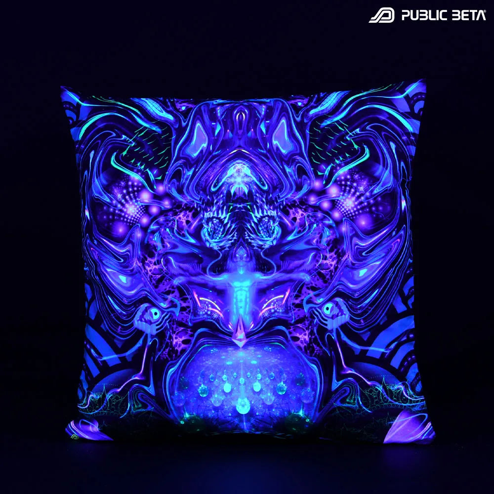Cushion Cover with UV-reactive graphics glowing under blacklight