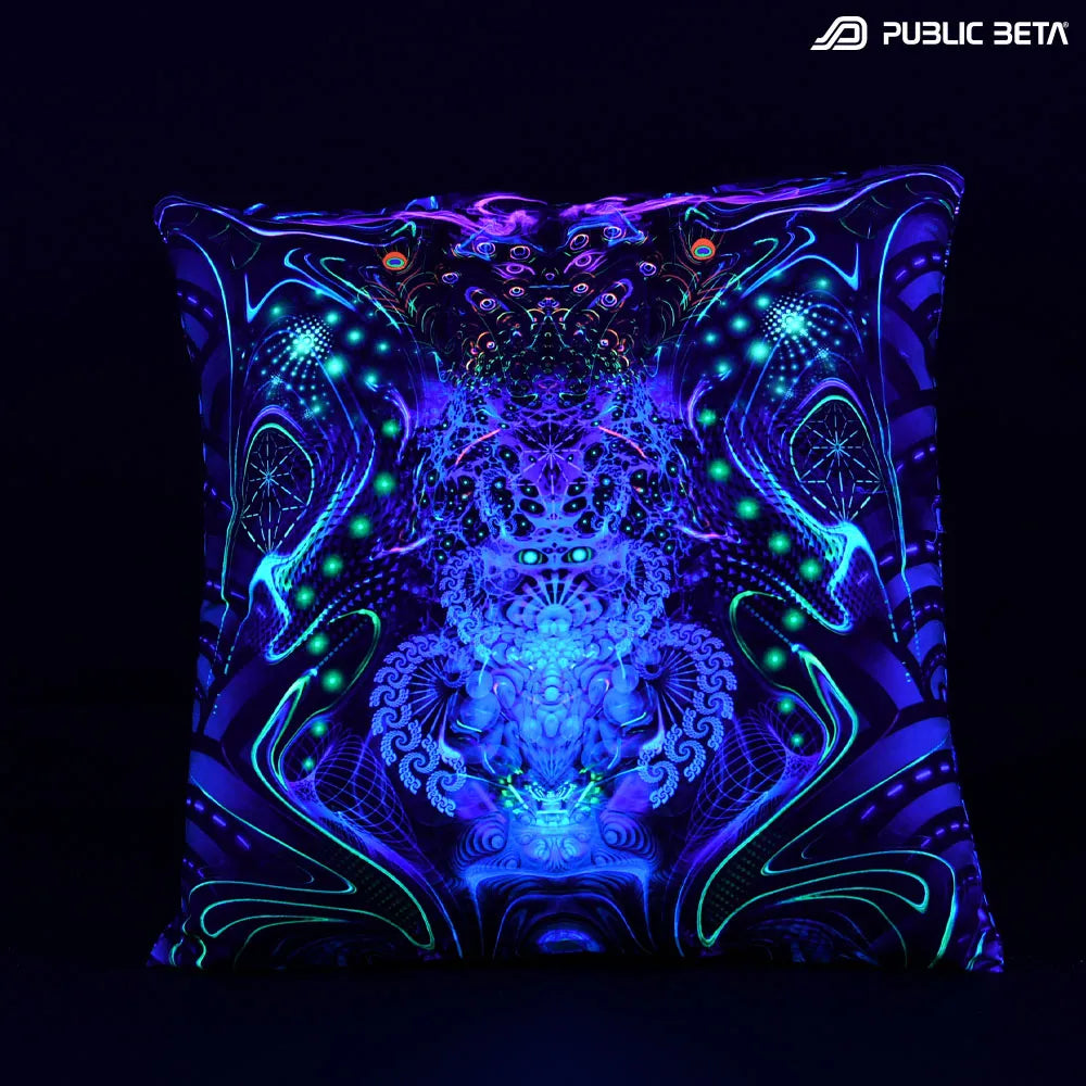 Cushion Cover with UV-reactive graphics glowing under blacklight