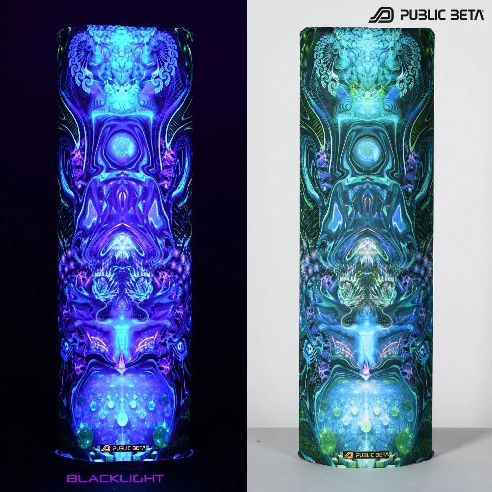 Split image of a tube scarf with uv-reactive graphics shown in natural light and glowing under blacklight