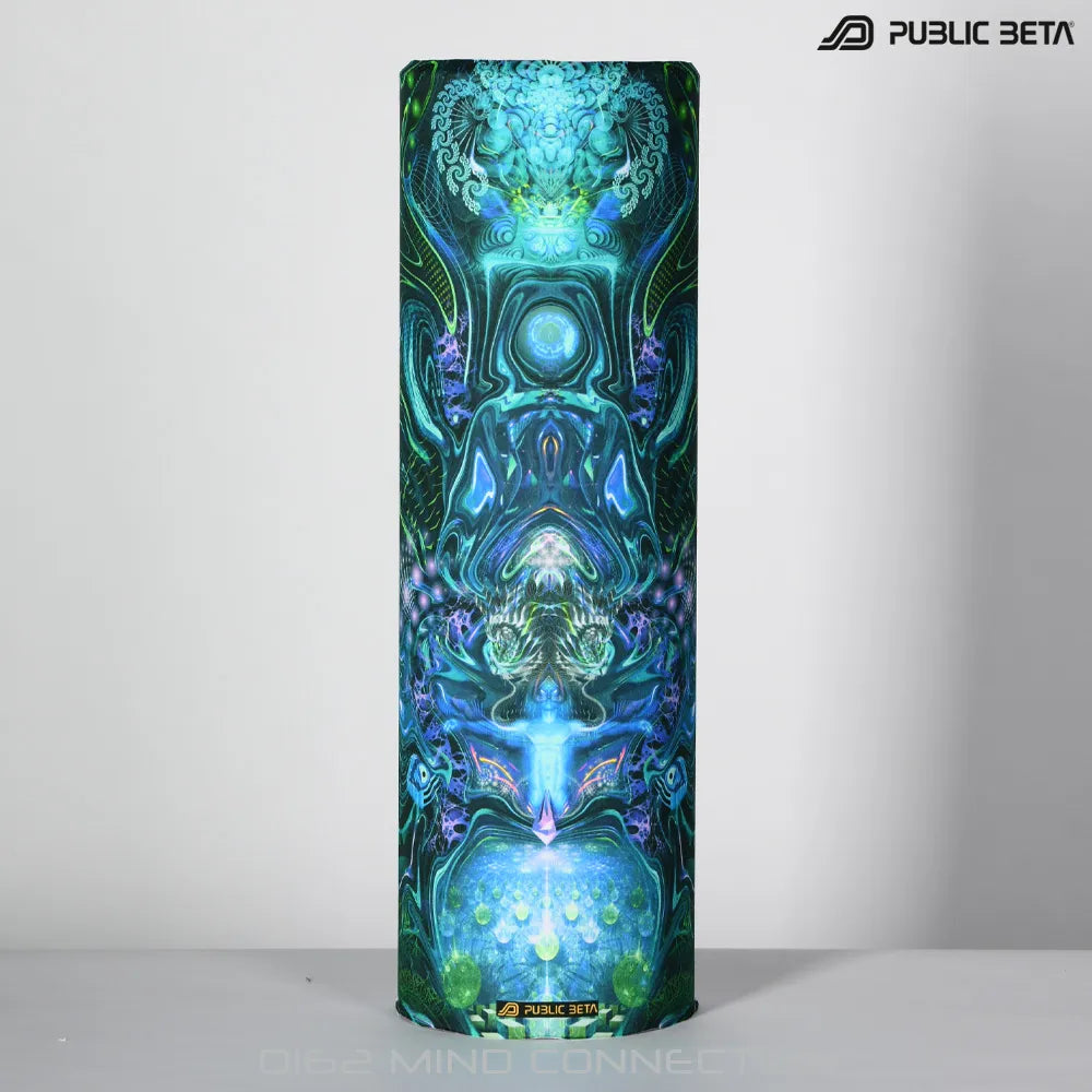 Tube scarf with UV-reactive futuristic graphics, photographed in natural light