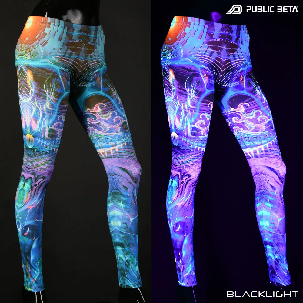 Uv reactive psychedelic art printed leggings shown in natural light and glowing under blacklight split image view