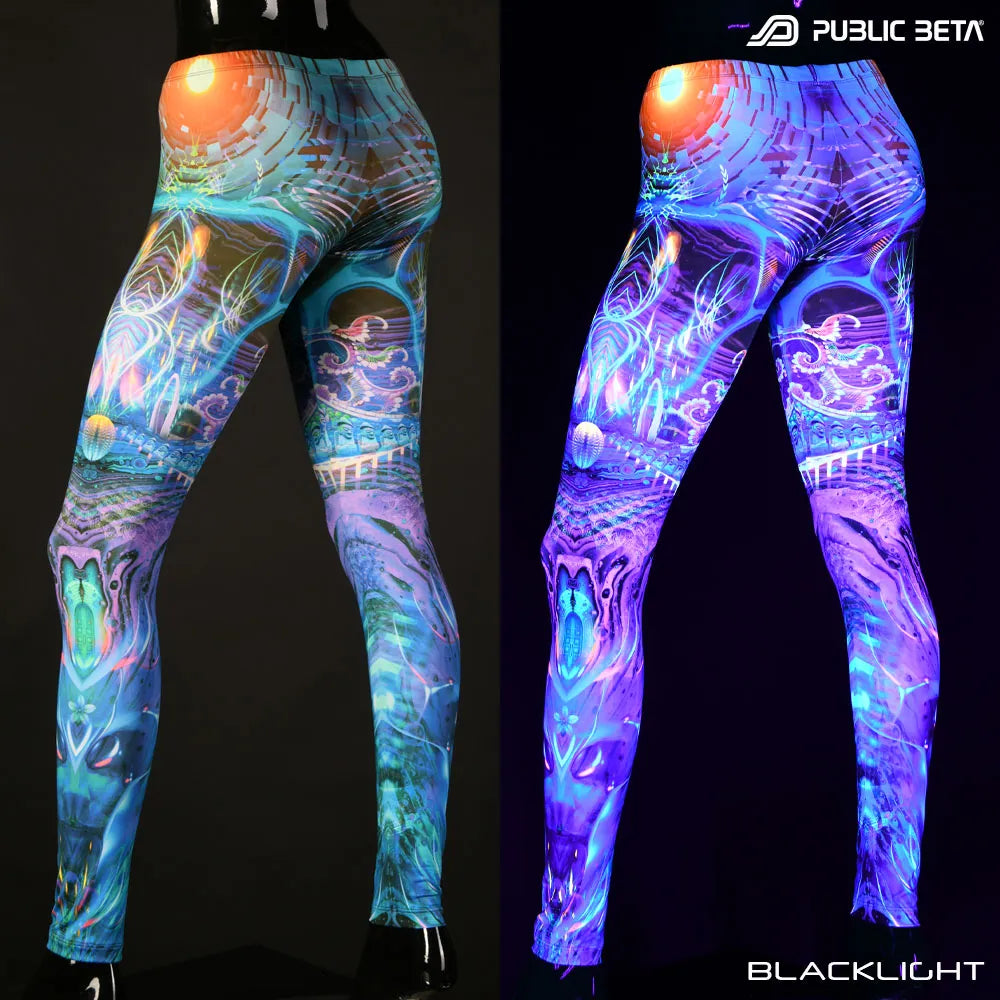 Uv reactive psychedelic art printed leggings shown in natural light and glowing under blacklight split image view