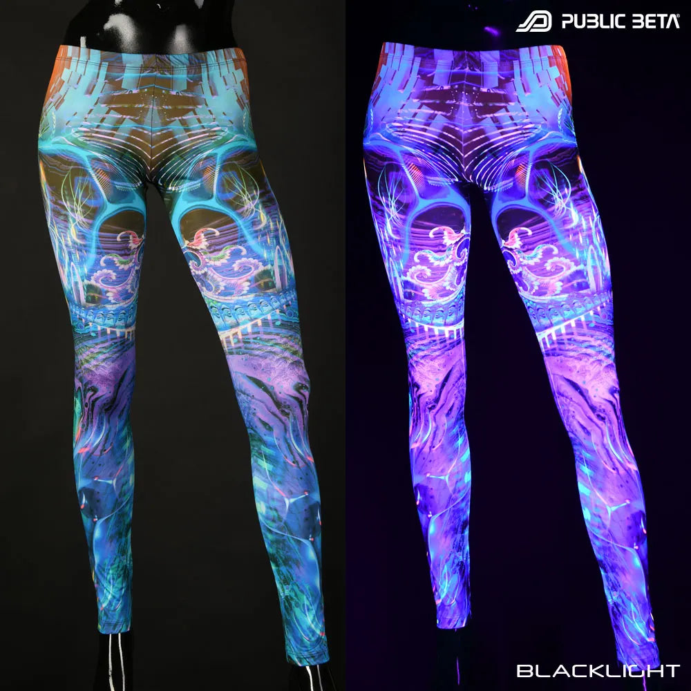 Uv reactive psychedelic art printed leggings shown in natural light and glowing under blacklight split image view