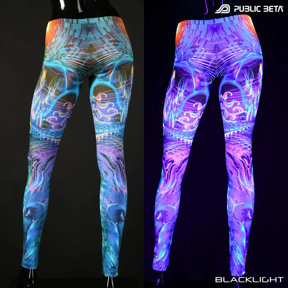 Uv reactive psychedelic art printed leggings shown in natural light and glowing under blacklight split image view