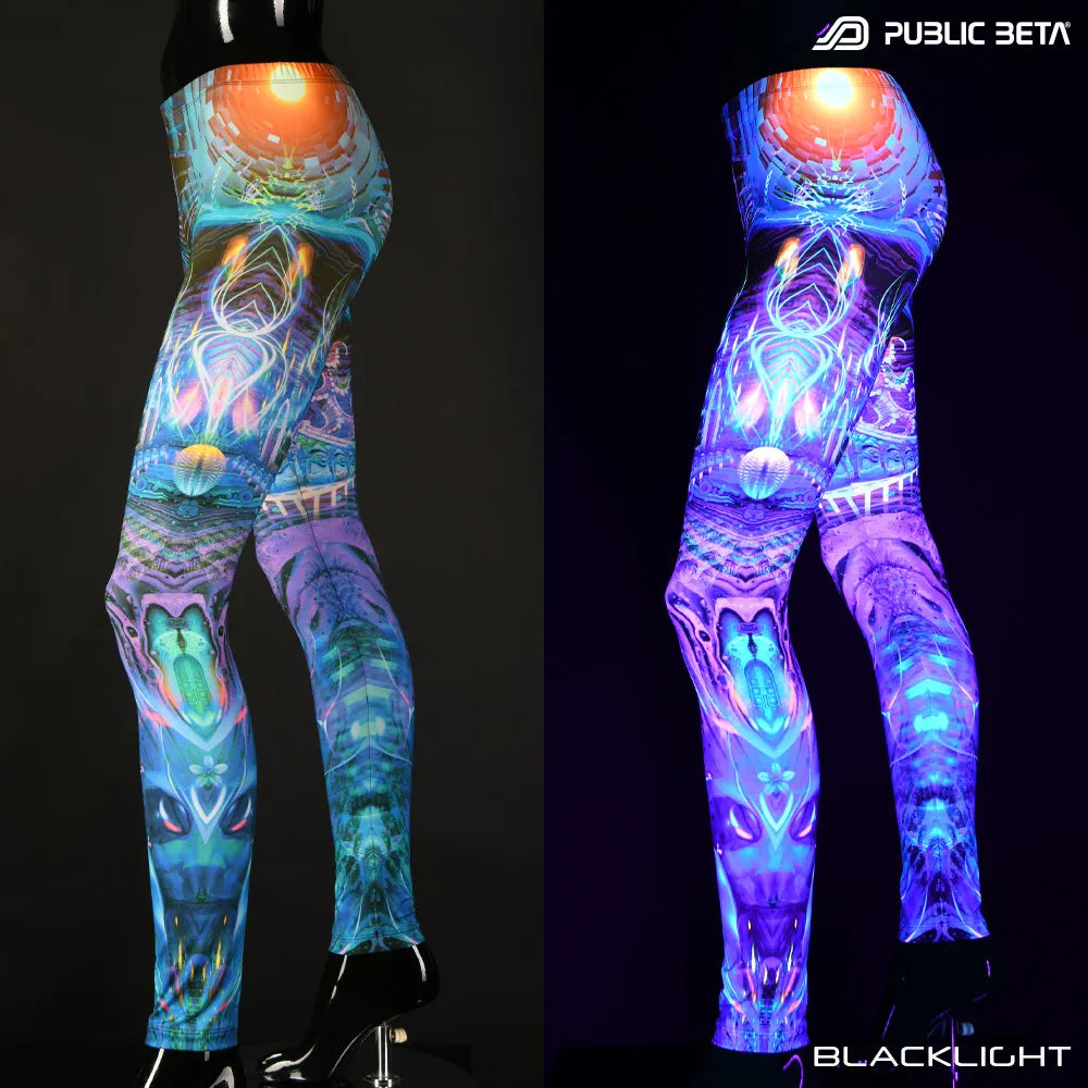Uv reactive psychedelic art printed leggings shown in natural light and glowing under blacklight split image view