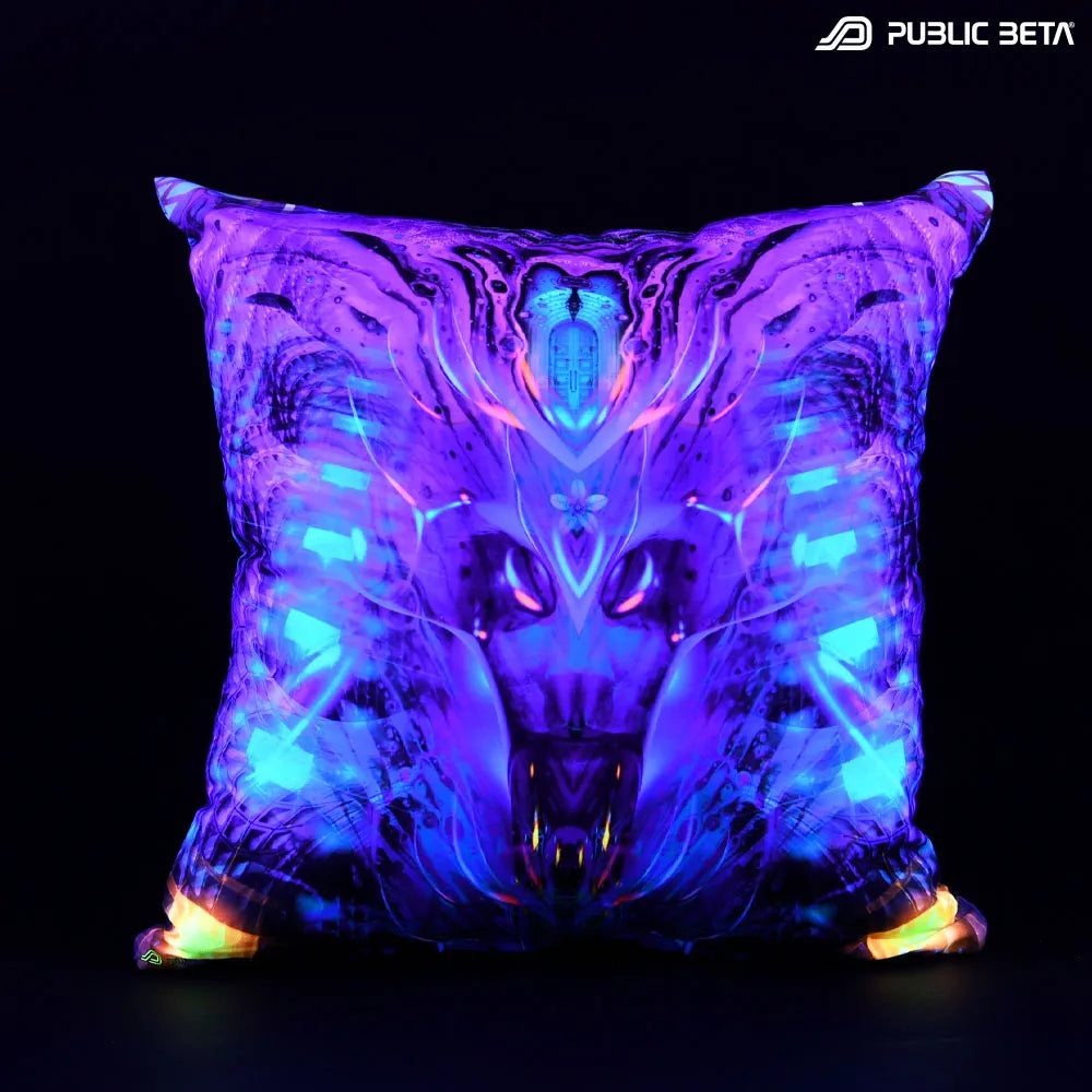 Cushion Cover with UV-reactive graphics glowing under blacklight