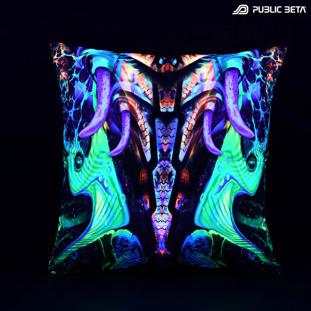 Cushion Cover with UV-reactive graphics glowing under blacklight