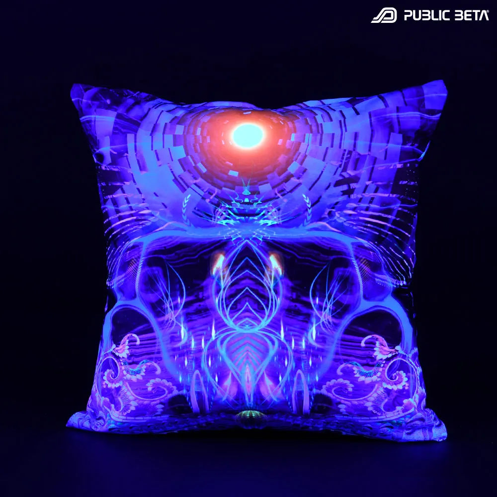 Cushion Cover with UV-reactive graphics glowing under blacklight