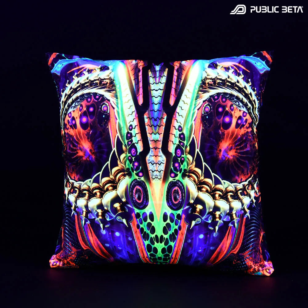 Cushion Cover with UV-reactive graphics glowing under blacklight